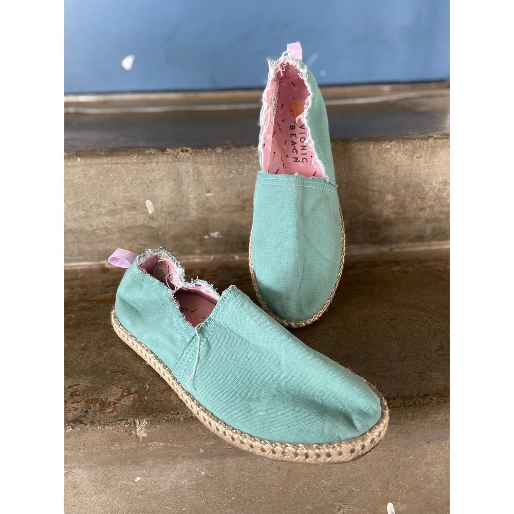 Vionic Beach Laguna mint green slip on espadrille with frayed top edge